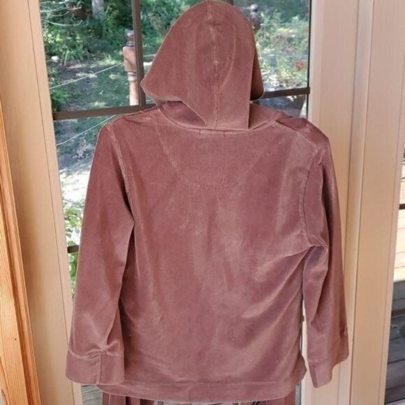 Oleg Cassini Embroidered Stretch Corduroy Hooded Vneck & Cinched Sz L Pant Set - Picture 7 of 16